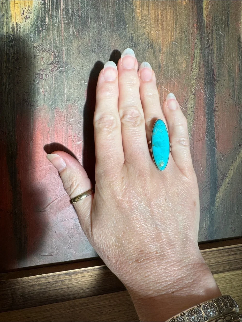 Lovely Sterling Silver Navette Turquoise Ring 7.25